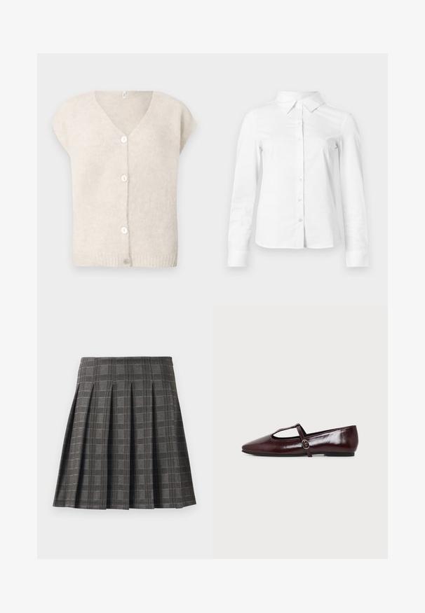 Beige kortærmet strik cardigan med V-hals og fire hvide knapper foran, præsenteret på en ensfarvet baggrund.; Hvid skjorte med lange ærmer, knapper, spids krave, lige kant og tætsiddende silhuet, vist på en ensartet lys baggrund.; Plisseret nederdel i et gråt ternet mønster, lavet af et tekstureret stof. Har lodrette pliser og en lige kant.; Mørk burgunderfarvet flad lædersko med spids tå og en tynd T-rem med en sølvspænde på en hvid baggrund.
