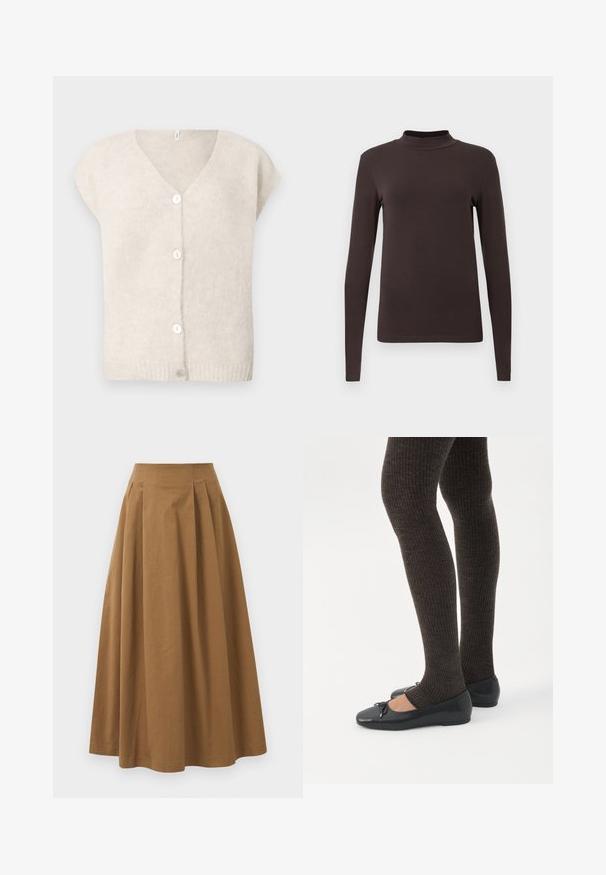 Beige kortærmet strik cardigan med V-hals og fire hvide knapper foran, præsenteret på en ensfarvet baggrund.; Langærmet turtleneck top lavet af mørkebrunt stof. Har et tætsiddende design og en glat tekstur uden synlige mønstre eller hardware.; Brun bomulds A-linjeet nederdel med høj talje, præget af læg foran og en glat tekstur. Endeafslutningerne er enkle og rene.; Ben iført mørke ribbede leggings kombineret med sorte balletsko med små sløjfedetaljer på hvid baggrund.
