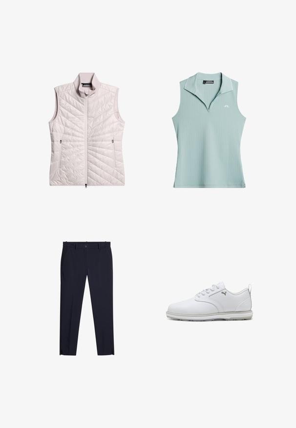 Helles rosa ärmelloses Vest mit hohem Kragen, ausgestattet mit einem gesteppten Rautenmuster, einem Frontreißverschluss und zwei Seitentaschen. Glatte Textur.; Ärmelloses, hellblaues, geripptes Poloshirt mit kleinem weißem Logo auf der linken Brust und Kragen mit weißer Paspelierung.; Herren dunkelmarineblaue Slim-Fit-Hosen mit Gürtelschlaufen, Fronttaschen, Reißverschluss und kleinen Schlitzchen an der Vorderseite des Hosenbeins am Saum.; Weiße Sportschuhe mit glattem Obermaterial aus synthetischem Leder, strukturierten Akzenten, gepolsterter Knöchelstütze und gummierter Sohle mit guter Traktion. Silberne Logodetails.