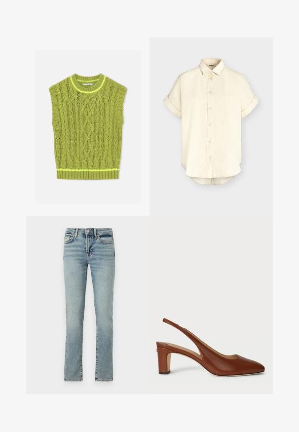 Grüner, kabelgestrickter ärmelloser Pullover mit rundem Ausschnitt und geripptem Saum, flach auf weißem Hintergrund liegend.; Beiges Kurzarm-Hemd zum Zuschrauben mit hochgekrempelten Ärmeln, klassischem Kragen und leicht abgerundetem Saum von der umweltfreundlichen Marke ECOALF.; Helles blaues Denim-Jeans mit geradem Bein, fünf Taschen und dezenten Verwaschungen. Verfügt über einen Metallknopf und einen Reißverschluss.; Braunes Leder-Slingback-Schuh mit spitzem Zeh, niedrigem Blockabsatz und offenen Seiten, mit glatter Textur und minimalistischen Design.