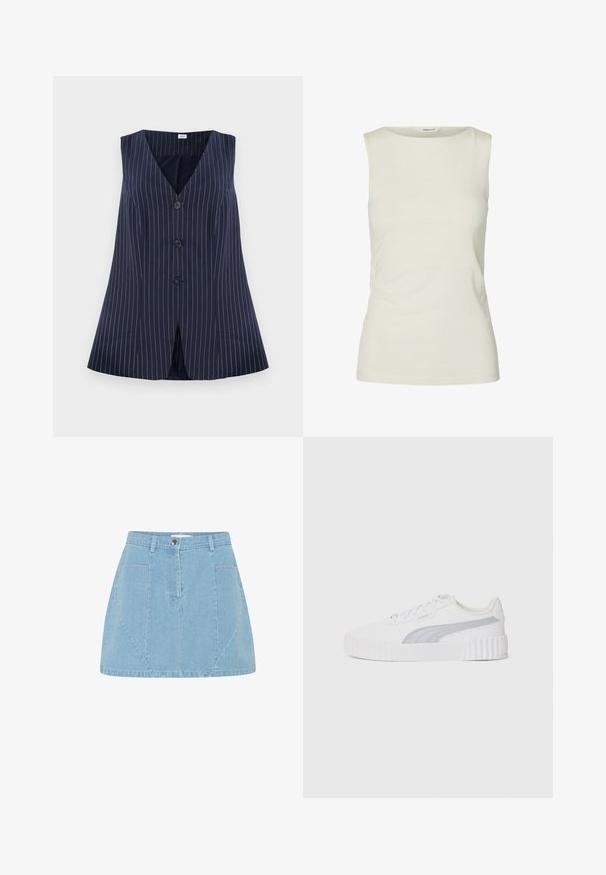 Marineblaue Weste mit weißen Nadelstreifen, V-Ausschnitt, fünf Knöpfen auf der Vorderseite und einem ausgestellten Design mit einem Schlitz am unteren Ende.; Ärmelloses, schlichtes weißes Tanktop mit rundem Ausschnitt, aus glattem Stoff, auf weißem Hintergrund dargestellt.; Helles blaues Jeansrock mit hohem Bund, vorderen Taschen und dezenten Paneeldetails, versehen mit einem silbernen Knopfverschluss.; Weißer Sneaker mit einer strukturierten Gummisohle, grauem Akzentstreifen, Schnürdesign und glattem synthetischem Obermaterial. Mit gepolsterter Knöchelpartie.