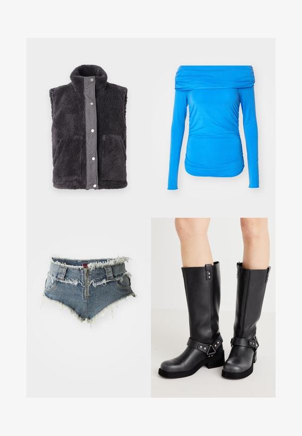 Dunkelgraue Fleece-Weste ohne Ärmel, mit hohem Kragen und Druckknopfverschluss, ausgestattet mit zwei Fronttaschen. Weiches, strukturiertes Material.; Blaue schulterfreie Langarmbluse aus dehnbarem Stoff mit gesammelten Details an den Seiten für eine figurbetonte Passform.; Denim-Shorts mit fransigem Saum, hoher Taille, Reißverschluss vorne und zwei vorderen Taschen. Das Material ist ein verblasstes blaues Denim mit abgenutzten Details.; Schwarze Lederstiefel bis zum Knie mit weiter Schaftweite, Riemenverzierungen, silbernen Beschlägen und flacher Sohle. Glatte Textur mit leichtem Glanz.