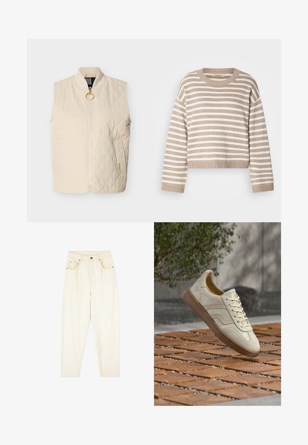 Cremefarbene, gesteppte, ärmellose Weste mit Frontreißverschluss und goldenem Ringzug, geripptem Kragen sowie schrägen Seitentaschen mit Barbour-Logo-Stickerei.; Beige-weißer gestreifter Strickpullover mit Rundhalsausschnitt, überschnittenen Schultern und geripptem Saum. Weiche Textur, cropped Design.; Cremfarbene Jeans mit geraden Beinen, zwei Vordertaschen und goldenen Hardware-Details. Glatte Textur mit klassischem Design.; Sneaker in cremefarben mit einer strukturierten, beigen Gummisohle, schnürungsdesign und dezentem Branding an der Seite. Glattes Lederobermaterial.