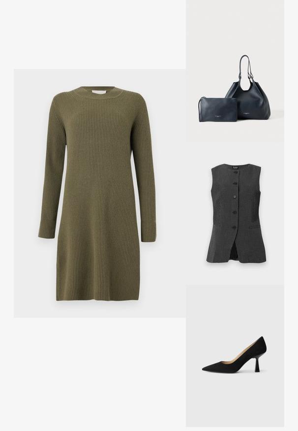 Mustaton ja valkoisen ruudullinen liivi, jossa on pyöreä pääntie, etupainike sulku ja kaksi sivutaskua. Sujuva kangasrakennetta.; CLOSED CREW NECK DRESS LONG SLEEVE - Neulemekko - forest green; Mustat mokkanahasta valmistetut korkeat korkokengät, joissa on teräväkärkinen muotoilu. Kengissä on kiiltävä musta lohkokorko ja sileä sisävuori.; Musta, teksturoitu nahkainen käsilaukku, jossa on kaksinkertaiset kahvat, vieressään sopiva vetoketjullinen pussukka, molemmat vaalealla tasaisella taustalla.