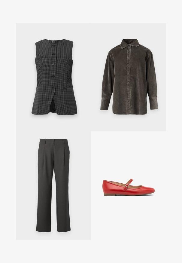 Gilet sans manches noir et blanc à carreaux avec un encolure ronde, fermeture à boutons sur le devant et deux poches latérales. Texture de tissu lisse.; Chemise à manches longues en velours côtelé gris foncé, dotée d'une patte de boutonnage à l'avant, d'un col classique et d'une coupe décontractée avec des fentes latérales pour faciliter les mouvements.; Pantalons formels gris foncé avec des jambes droites, des passants de ceinture et des plis avant, présentés sur un fond blanc.; Ballerines en cuir rouge avec un bout arrondi et une seule sangle ajustable sur le cou-de-pied. Semelle plate avec un talon minimal. Design simple.