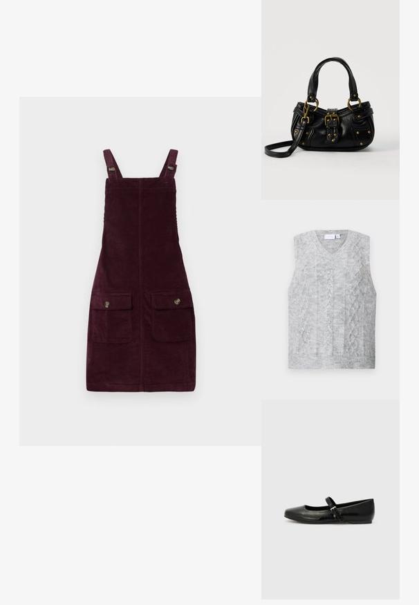 Grå ærmeløs sweater med v-hals, der har et kabelstrikket mønster. Blød tekstur og ribbet nederkant. Minimalistisk design uden udsmykning.; Fløjlskjole i dyb burgunder, med justerbare stropper, forlommer med metalbeslag og en tætsiddende pasform. Tekstureret stof.; Sorte læder balletflade med rund tå, flad sål og en tynd justerbar rem over svangen med en metalspænde.; Sort læderhåndtaske med guldbælge og nitdetaljer, korte håndtag og en justerbar skulderrem på en ensfarvet hvid baggrund.