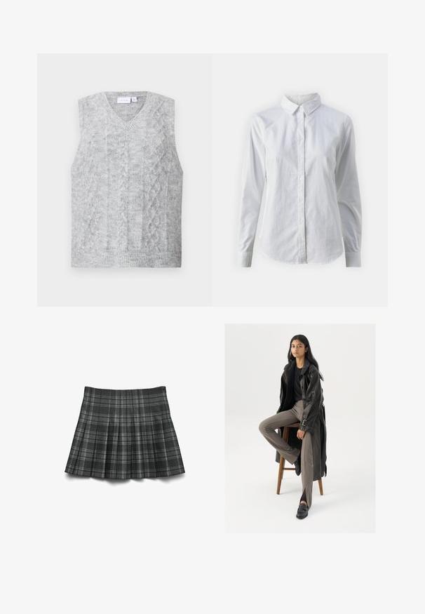 Grå ærmeløs sweater med v-hals, der har et kabelstrikket mønster. Blød tekstur og ribbet nederkant. Minimalistisk design uden udsmykning.; Hvid skjorte med knapper lavet af glat bomuld, der har en klassisk krave, lange ærmer og en buet kant. Knapperne er små og hvide.; Sort og grå ternet plisseret nederdel med en glat overflade, der har lodrette og vandrette linjer for et struktureret design.; Sort læder trench coat med knapper og bælte detalje, parret med lysebrune tætsiddende bukser og sorte loafers, siddende på en træstol.