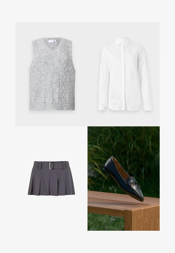 Pull sans manches gris avec un col en V, présentant un motif en tricot à torsades. Texture douce et ourlet côtelé. Design minimaliste sans embellissements.; Chemise blanche à manches longues en coton lisse. Présente un col classique et un devant à boutons avec un ourlet droit et sans motifs.; Jupe mini plissée grise avec une texture lisse, dotée d'une large ceinture, de passants de ceinture et d'un détail de boucle rectangulaire en argent.; Mocassin en cuir noir avec un détail en nœud flottant au-dessus d'un banc en bois, avec de l'herbe verte et des plantes en arrière-plan.