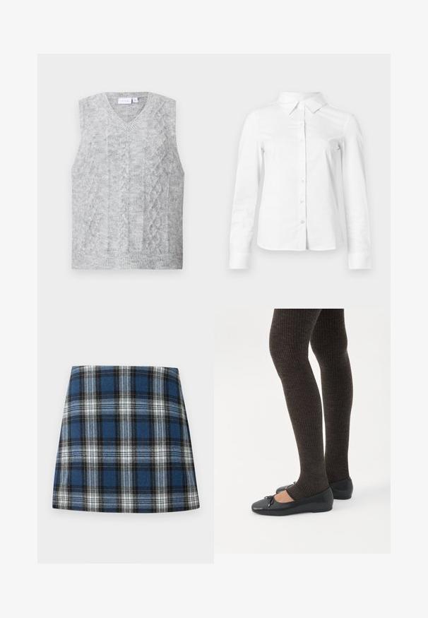 Grå ærmeløs sweater med v-hals, der har et kabelstrikket mønster. Blød tekstur og ribbet nederkant. Minimalistisk design uden udsmykning.; Hvid skjorte med lange ærmer, knapper, spids krave, lige kant og tætsiddende silhuet, vist på en ensartet lys baggrund.; Blåternet skørt med et varieret ternmønster i blå, sort og hvid. Fremstillet af et struktureret stof med en tætsiddende silhuet.; Ben iført mørke ribbede leggings kombineret med sorte balletsko med små sløjfedetaljer på hvid baggrund.