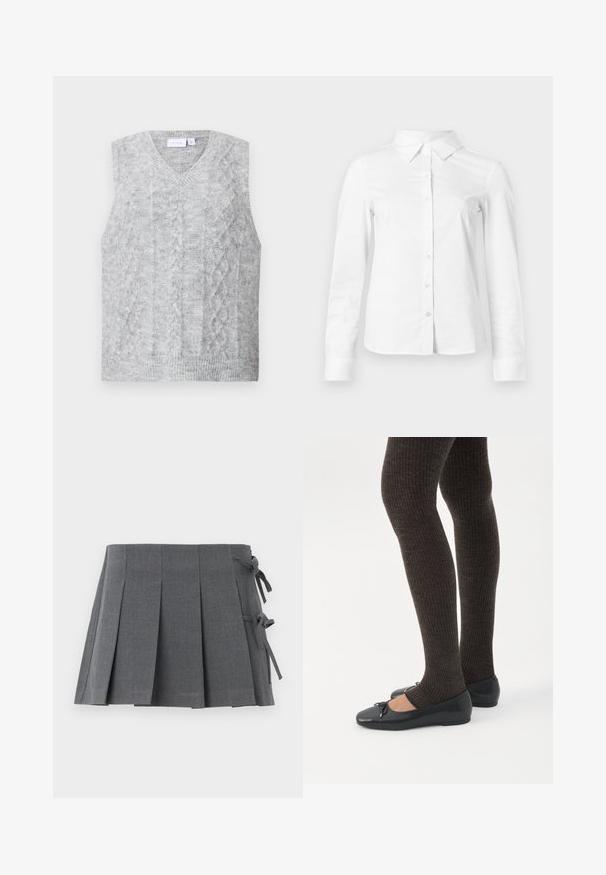 Γκρι αμάνικο sweater με V-λαιμόκοψη, διαθέτει σχέδιο με καλώδιο. Μαλακή υφή και ριμπ τελείωμα. Μινιμαλιστικός σχεδιασμός χωρίς διακοσμήσεις.; Λευκό πουκάμισο με μακριά μανίκια κουμπιά, με μυτερό γιακά, ίσια τελείωμα και εφαρμοστή σιλουέτα, εμφανίζεται σε απλό φωτεινό φόντο.; Γκρι μίνι φούστα με πιέτες από υφή ύφασμα, με κλείσιμο με δέσιμο στη μία πλευρά και λείο ζωνάκι στη μέση για επιπλέον άνεση.; Πόδια με σκουρόχρωμα ριμπ κολάν συνδυασμένα με μαύρα μπαλαρίνα παπούτσια με μικρές λεπτομέρειες φιόγκων σε λευκό φόντο.