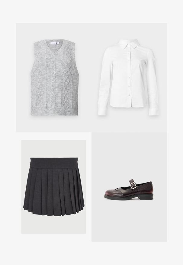 Suéter gris sin mangas con escote en V, que presenta un patrón de punto trenzado. Textura suave y dobladillo acanalado. Diseño minimalista sin adornos.; Camisa blanca de manga larga con botones, cuello puntiagudo, bajo recto y silueta ajustada, presentada sobre un fondo claro y liso.; Falda gris con pliegues, con una cinturilla plana y cierre de cremallera, hecha de una tela texturizada, que presenta pliegues profundos de espaciado uniforme.; Zapato al estilo Mary Jane en charol burdeos oscuro, con detalles perforados y una correa con hebilla. Tacón bajo, punta redonda.