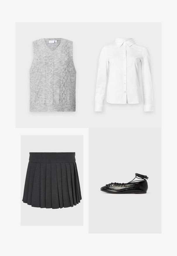 Suéter gris sin mangas con escote en V, que presenta un patrón de punto trenzado. Textura suave y dobladillo acanalado. Diseño minimalista sin adornos.; Camisa blanca de manga larga con botones, cuello puntiagudo, bajo recto y silueta ajustada, presentada sobre un fondo claro y liso.; Falda gris con pliegues, con una cinturilla plana y cierre de cremallera, hecha de una tela texturizada, que presenta pliegues profundos de espaciado uniforme.; Zapatos planos tipo ballet de charol negro con punta redondeada, diseño con cordones y suela plana. Textura lisa con detalles mínimos.