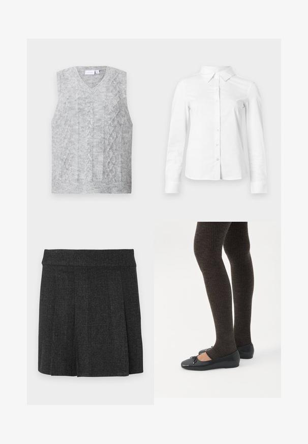 Γκρι αμάνικο sweater με V-λαιμόκοψη, διαθέτει σχέδιο με καλώδιο. Μαλακή υφή και ριμπ τελείωμα. Μινιμαλιστικός σχεδιασμός χωρίς διακοσμήσεις.; Λευκό πουκάμισο με μακριά μανίκια κουμπιά, με μυτερό γιακά, ίσια τελείωμα και εφαρμοστή σιλουέτα, εμφανίζεται σε απλό φωτεινό φόντο.; Μαύρη, πλισέ φούστα από υφασμάτινη υφή. Μεσαίου ύψους ζώνη με καθαρές γραμμές. Κλασική κοπή κατάλληλη για διάφορες περιστάσεις.; Πόδια με σκουρόχρωμα ριμπ κολάν συνδυασμένα με μαύρα μπαλαρίνα παπούτσια με μικρές λεπτομέρειες φιόγκων σε λευκό φόντο.