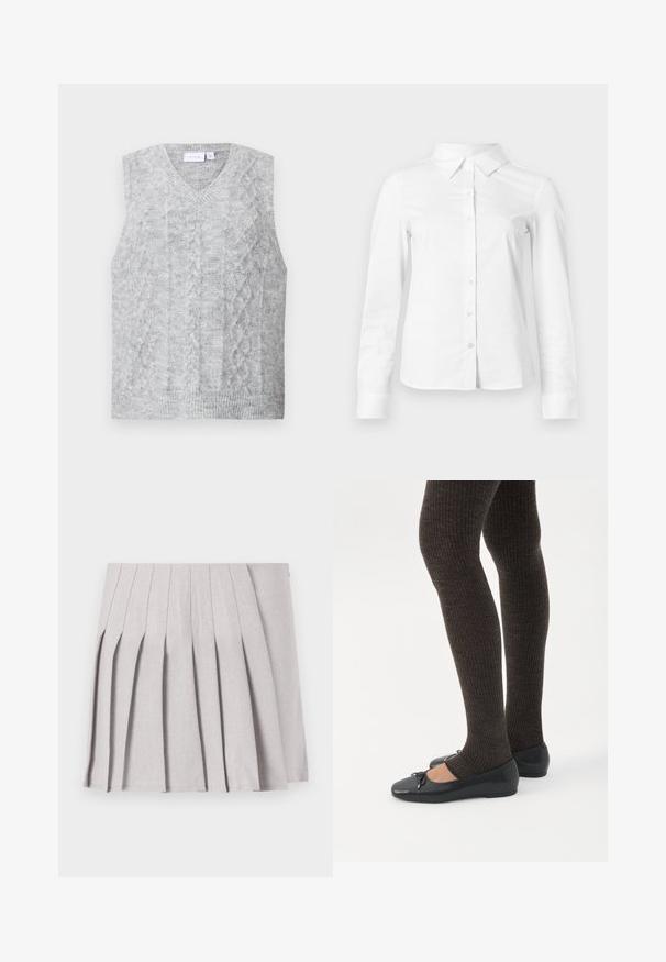 Γκρι αμάνικο sweater με V-λαιμόκοψη, διαθέτει σχέδιο με καλώδιο. Μαλακή υφή και ριμπ τελείωμα. Μινιμαλιστικός σχεδιασμός χωρίς διακοσμήσεις.; Λευκό πουκάμισο με μακριά μανίκια κουμπιά, με μυτερό γιακά, ίσια τελείωμα και εφαρμοστή σιλουέτα, εμφανίζεται σε απλό φωτεινό φόντο.; Γκρι πλισέ φούστα με λεία υφή, που διαθέτει πολλαπλές κατακόρυφες πτυχές και εφαρμοστή μέση. Κατασκευασμένη από ελαφρύ ύφασμα.; Πόδια με σκουρόχρωμα ριμπ κολάν συνδυασμένα με μαύρα μπαλαρίνα παπούτσια με μικρές λεπτομέρειες φιόγκων σε λευκό φόντο.