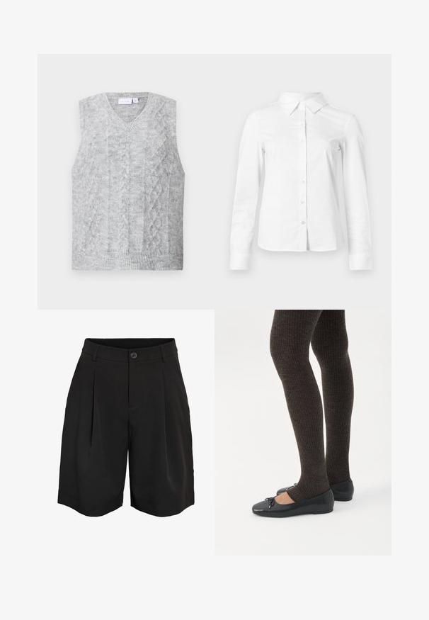 Grå ærmeløs sweater med v-hals, der har et kabelstrikket mønster. Blød tekstur og ribbet nederkant. Minimalistisk design uden udsmykning.; Hvid skjorte med lange ærmer, knapper, spids krave, lige kant og tætsiddende silhuet, vist på en ensartet lys baggrund.; Sorte skræddersyede knælange shorts med knaplukning, bæltestropper og forreste læg.; Ben iført mørke ribbede leggings kombineret med sorte balletsko med små sløjfedetaljer på hvid baggrund.