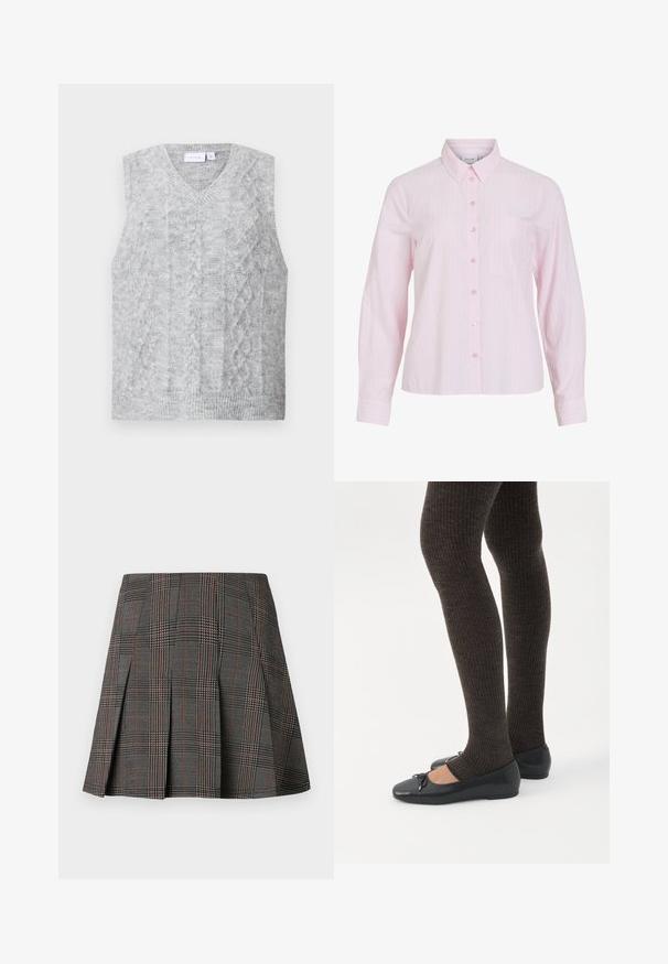 Grå ærmeløs sweater med v-hals, der har et kabelstrikket mønster. Blød tekstur og ribbet nederkant. Minimalistisk design uden udsmykning.; Lyserød langærmet skjorte med lodrette hvide striber, knaplukning foran, krave og en venstre brystlomme. Glat bomuldsstof.; Gråternet nederdel med plisseringer, prydet med intrikate mønstre i sort og hvid, akkompagneret af tynde røde linjer. Fremstillet af et struktureret stof.; Ben iført mørke ribbede leggings kombineret med sorte balletsko med små sløjfedetaljer på hvid baggrund.