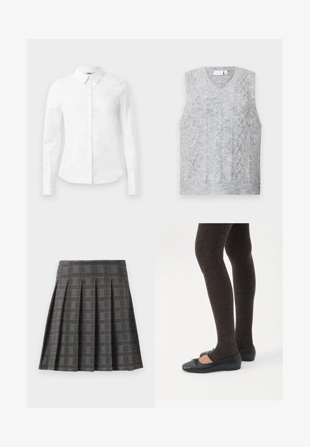 Suéter gris sin mangas con escote en V, que presenta un patrón de punto trenzado. Textura suave y dobladillo acanalado. Diseño minimalista sin adornos.; Camisa blanca de manga larga con botones, hecha de algodón; cuenta con un cuello clásico y cierre de botones en la parte delantera. Textura suave, ajuste estándar.; Falda plisada en un patrón de cuadros grises, hecha de una tela texturizada. Presenta pliegues verticales y un dobladillo recto.; Piernas con leggings oscuros acanalados combinados con bailarinas negras que presentan pequeños detalles de lazo sobre un fondo blanco.