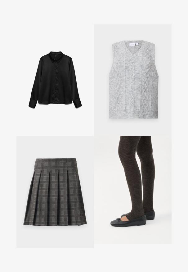 Γκρι αμάνικο sweater με V-λαιμόκοψη, διαθέτει σχέδιο με καλώδιο. Μαλακή υφή και ριμπ τελείωμα. Μινιμαλιστικός σχεδιασμός χωρίς διακοσμήσεις.; Μαύρο πουκάμισο με μακριά μανίκια από απαλό ύφασμα, με κουμπιά μπροστά, κλασικό γιακά και διακριτική γυαλάδα. Κομψή γραμμή με μανίκια που διπλώνουν.; Πλισέ φούστα σε γκρι καρό σχέδιο, φτιαγμένη από υφασμάτινη υφή. Διαθέτει κατακόρυφες πτυχές και ευθύ στρίφωμα.; Πόδια με σκουρόχρωμα ριμπ κολάν συνδυασμένα με μαύρα μπαλαρίνα παπούτσια με μικρές λεπτομέρειες φιόγκων σε λευκό φόντο.