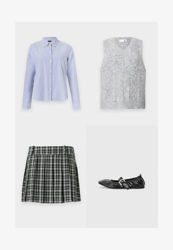 Pull sans manches gris avec un col en V, présentant un motif en tricot à torsades. Texture douce et ourlet côtelé. Design minimaliste sans embellissements.; Chemise à manches longues boutonnée, avec des rayures verticales blanches et bleu clair et un col pointu, présentée sur un fond uni.; Jupe plissée à carreaux noir et blanc avec une taille lisse et de multiples plis verticaux. Fabriquée en tissu léger.; Chaussure plate en cuir noir avec un nez pointu, des détails froncés autour de l'ouverture et un accent en boucle argentée sur la bride ajustable.
