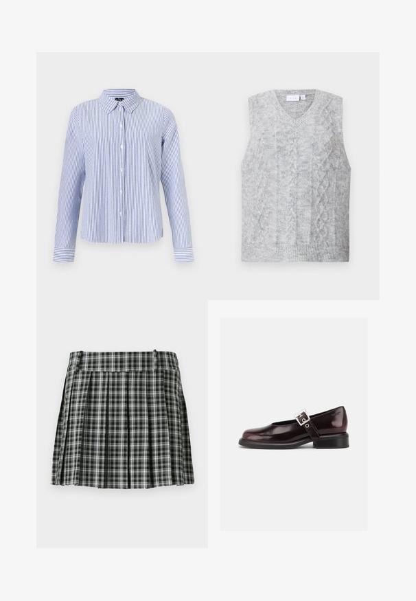 Pull sans manches gris avec un col en V, présentant un motif en tricot à torsades. Texture douce et ourlet côtelé. Design minimaliste sans embellissements.; Chemise à manches longues boutonnée, avec des rayures verticales blanches et bleu clair et un col pointu, présentée sur un fond uni.; Jupe plissée à carreaux noir et blanc avec une taille lisse et de multiples plis verticaux. Fabriquée en tissu léger.; Chaussure Mary Jane unique brillante couleur bordeaux foncé avec une large bride et une boucle argentée, talon bloc bas et bout arrondi sur fond blanc.