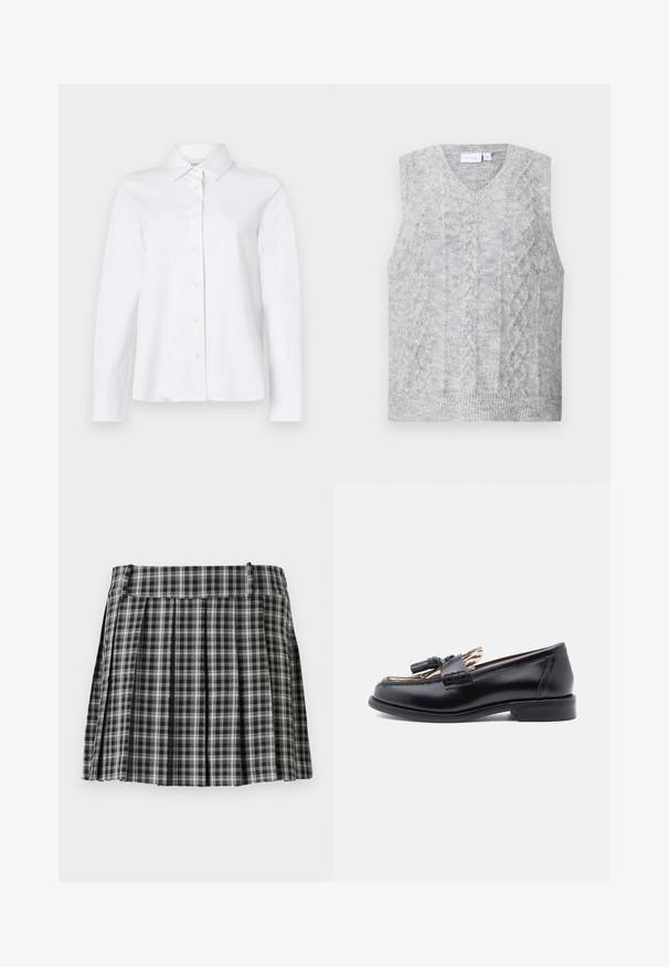 Grå ærmeløs sweater med v-hals, der har et kabelstrikket mønster. Blød tekstur og ribbet nederkant. Minimalistisk design uden udsmykning.; CLOSED CLASSIC SHIRT WITH STRAP DETAIL - Skjortebluser - white; Sort-hvidt ternet plisseret nederdel med en glat talje og flere lodrette folder. Fremstillet af let stof.; Sorte læder loafers med en rund tå, der har en vævet kwastdetalje og en kontrasterende dyreprint-foring. Lav, lige hæl.