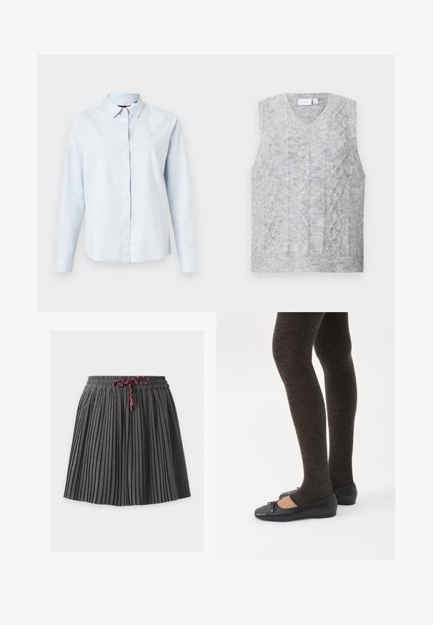 Pull sans manches gris avec un col en V, présentant un motif en tricot à torsades. Texture douce et ourlet côtelé. Design minimaliste sans embellissements.; Chemise à manches longues bleu clair avec un col pointu, fermeture à boutons et tissu doux. Présente un petit logo brodé sur la poitrine.; Jupe plissée gris foncé avec une taille élastique et un cordon bordeaux noué au centre devant.; Jambes portant des leggings côtelés foncés associés à des ballerines noires avec de petits détails en nœud sur fond blanc.
