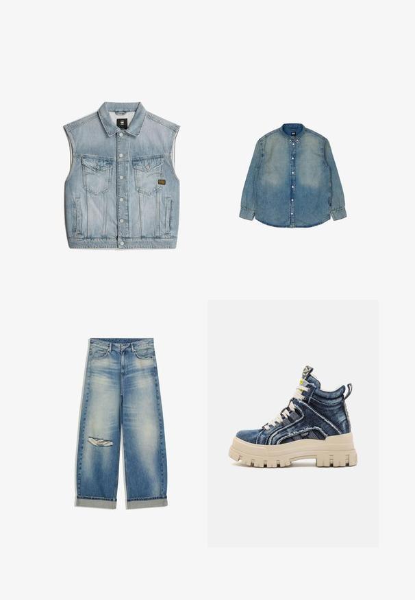 Gilet en denim bleu clair avec un col classique, deux poches poitrine, fermeture à boutons sur le devant et détails de couture minimalistes.; Chemise en denim bleu clair à manches longues, devant bouton, col classique et décoloration subtile. Présente des détails cousus le long des coutures.; Jean bleu clair à jambes larges avec revers pliés et déchirure usée sur la cuisse gauche, comprenant des poches avant et des passants pour ceinture.; Buffalo ASPHA MID - Baskets montantes - blue