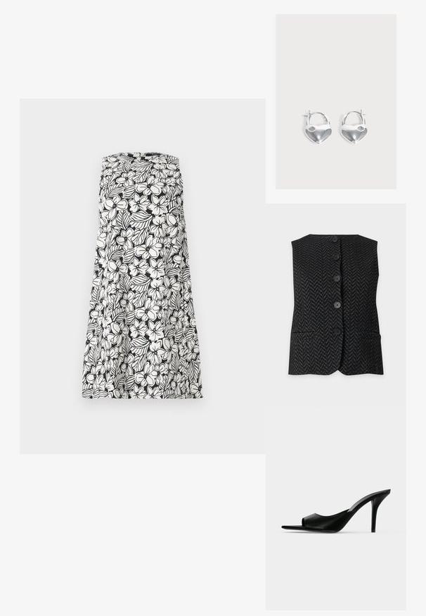 Schwarze und dunkelgraue ärmellose Weste mit Knopfleiste, Zickzackmuster und zwei vorderen Taschen auf einfarbigem Hintergrund.; Ärmelloses schwarz-weißes Kleid mit Blumen- und Blattmuster, trägerloses Design und A-Linien-Silhouette.; Schwarzer Leder-Pantolette mit offenem Zehenbereich und hohem, schlankem Stiletto-Absatz, im Seitenprofil vor neutralem Hintergrund gezeigt.; Paar glänzende silberne herzförmige Vorhängeschloss-Creolen mit kleinen Schlüsselloch-Details auf einem schlichten hellen Hintergrund.