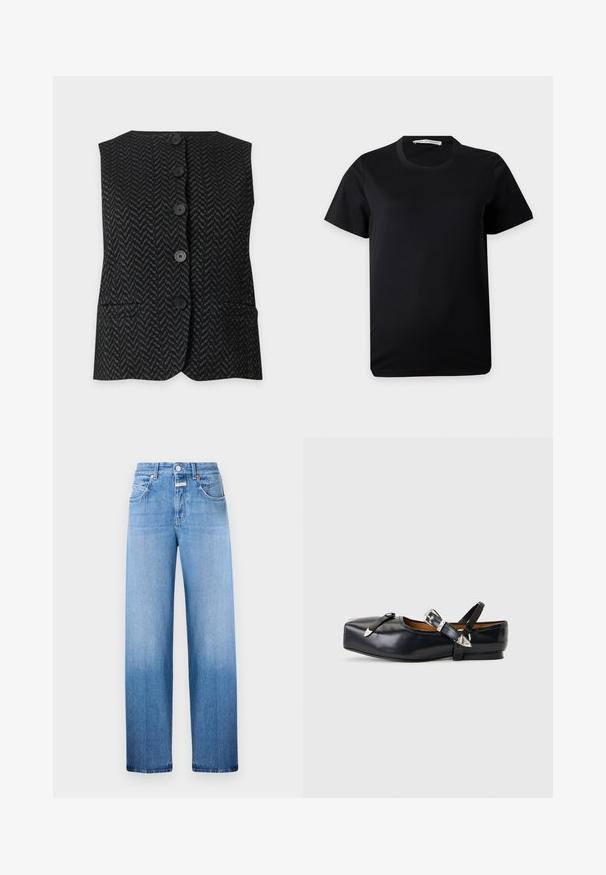 Zwart en donkergrijs mouwloos vest met knopen, zigzagpatroon en twee voorzakken op een effen achtergrond.; Eenvoudig zwart T-shirt met korte mouwen en ronde hals, plat gelegd op een witte achtergrond met een zichtbaar merklabel in de kraag.; Lichtblauwe denim jeans met een wijd ontwerp, met een lichte gradient van lichter naar donkerder aan de onderkant, vijf zakken en riemlussen.; Zwarte leren platte schoen met vierkante neus, twee zilveren gespslinten en een lage hak op een lichtgrijze achtergrond.