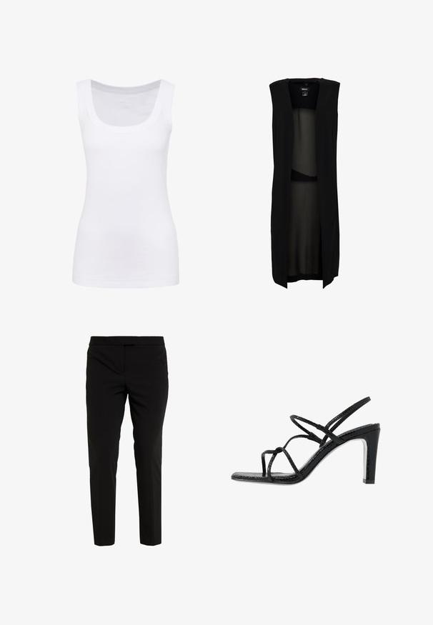 Gilet sans manches noir avec un long devant ouvert. Fait en tissu léger, il possède une texture douce et une coupe simple.; Débardeur sans manches blanc en tissu lisse, doté d'un col rond et d'une silhouette ajustée. Pas de motifs ou d'accents visibles.; Pantalons noirs teintés en tissu lisse, avec une taille plate, des poches latérales et une silhouette épurée. Sans fermetures visibles.; Sandales noires à talons avec des fines lanières, une finition texturée, bout ouvert et un design de talon pointu et élégant. Équipées d'une semelle intérieure lisse et d'une surface brillante.