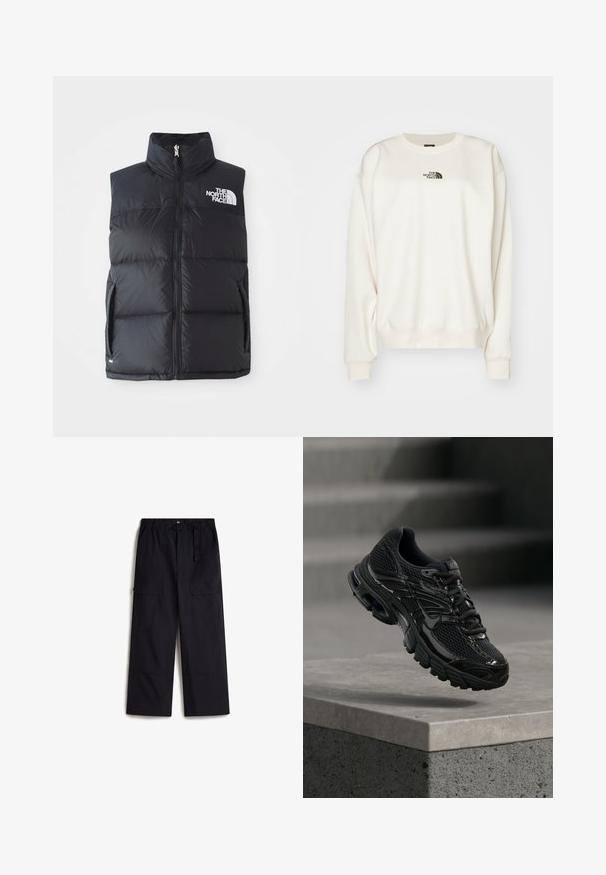 Chaleco acolchado negro con cuello alto, cremallera frontal y bolsillos laterales. Presenta el logo en la parte superior izquierda. Textura suave, diseño aislante.; The North Face ESSENTIAL OVERSIZE CREW - Sudadera - white dune; Pantalones cargo negros con una cintura elástica, cinturón ajustable y dos bolsillos laterales. Hechos de una tela ligera y texturizada.; Zapatilla de running negra de Nike con parte superior de malla y sintética flotando sobre una superficie de hormigón y escalones de fondo.