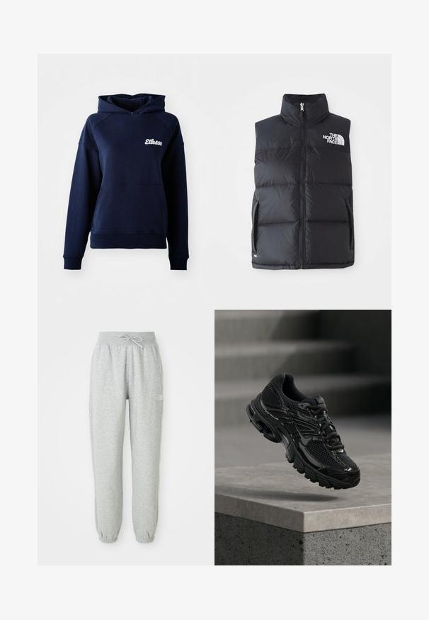 Gilet matelassé noir avec col montant, fermeture éclair sur le devant et poches latérales. Comprend un logo sur le côté supérieur gauche. Texture lisse, design isolé.; Sweatshirt à capuche bleu marine en matériau doux. Il présente une poche avant et un logo blanc sur la poitrine. Poignets et ourlet en côtes.; Pantalon de jogging gris avec une taille élastique et un cordon de serrage. Le tissu est doux, avec des poignets élastiques à la cheville et un accent de logo.; Chaussure de course noire Nike avec tige en mesh et synthétique flottant au-dessus d'une surface en béton avec des marches en arrière-plan.