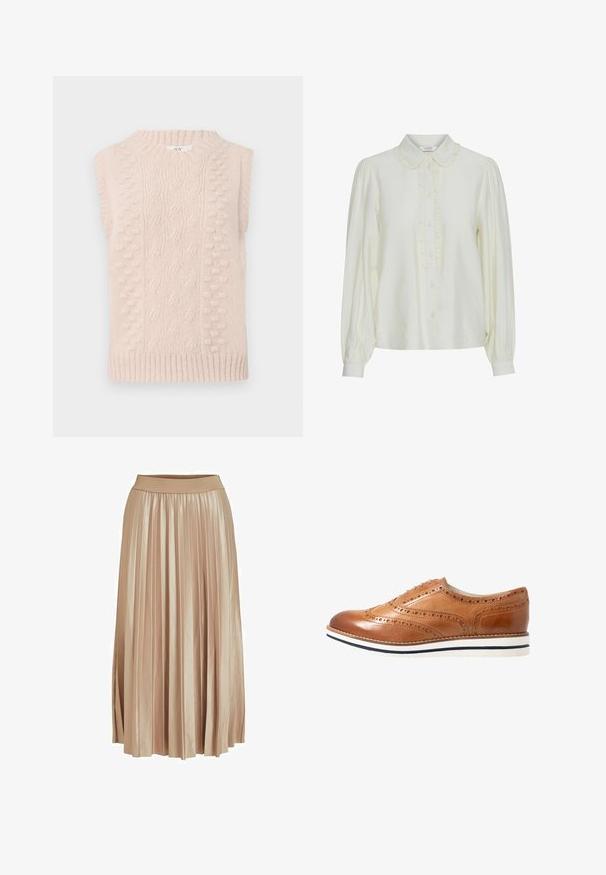 Pull sans manches en tricot beige avec des motifs de côtes et de petits pompons, col rond en côte et ourlet.; Blouse en crème avec un col à volants, fermeture à boutons sur le devant, manches bouffantes longues et un tissu doux et texturé. Design élégant et minimaliste.; Jupe midi plissée en satin beige clair. Dotée d'une large taille élastique et de plis verticaux élégants sur toute sa longueur.; Chaussure brogue en cuir tan avec des perforations décoratives, bout arrondi et semelle rayée blanche et marine. Présente des détails de couture contrastés.