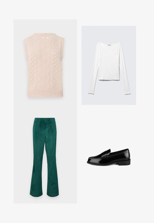 Jersey sin mangas de color beige, tejido, con patrones de punto de cable y pompones, y un cuello redondo ribeteado y dobladillo.; Top blanco de manga larga con diseño cruzado y un bolsillo. Fabricado en una tela suave y elástica. Con un corte casual y relajado.; Pantalones acampanados de pana verde con cinturilla elástica y textura de canalé vertical. Presenta un corte recto desde la cintura hasta el dobladillo.; Mocasín de charol negro con suela plana, detalles de costura y una tira decorativa en la parte superior. Acabado suave y brillante.