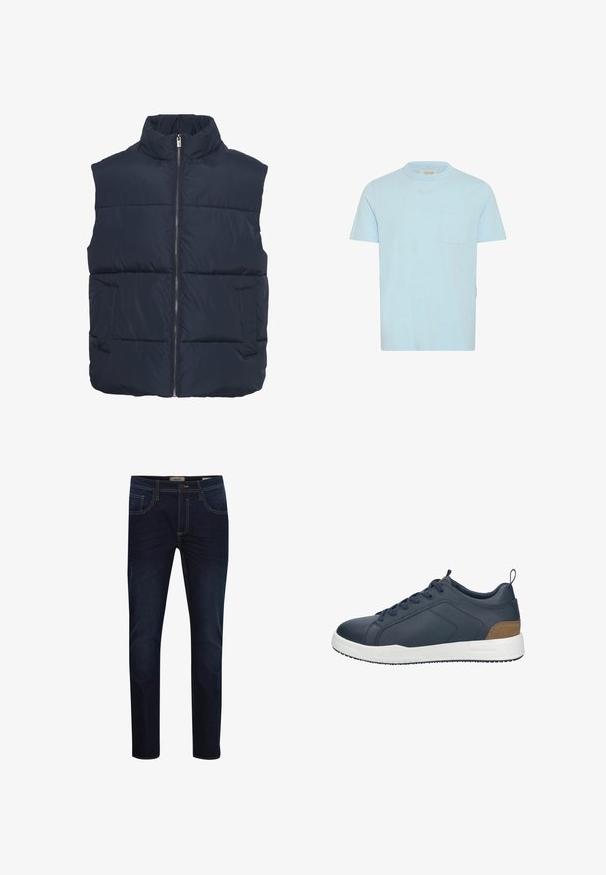 Chaleco acolchado azul marino con cuello alto, cremallera frontal y dos bolsillos laterales. Presenta secciones acolchadas para aislamiento y una textura suave.; Camiseta de algodón de color azul claro con cuello redondo, mangas cortas y un solo bolsillo en el pecho. Textura suave y corte relajado.; Pantalones vaqueros de mezclilla azul oscuro con un corte ajustado, que presentan costuras amarillas, diseño de cinco bolsillos y cierre de cremallera. Textura suave, corte moderno.; Zapatillas de cuero azul marino para hombre con suela de goma blanca, detalles en cuero marrón, punta redonda y costuras en contraste.