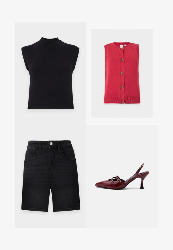 Cardigan rouge sans manches en tricot avec col rond et boutons marron sur le devant, plié à plat sur fond blanc.; Top noir sans manches avec un col haut. Fabriqué en tissu doux, il présente un design ajusté et une texture lisse sans motifs ni accents visibles.; Shorts en denim noir avec fermeture à boutons sur le devant, passants pour ceinture et deux poches avant sur un fond gris clair uni.; Escarpin slingback bordeaux brillant à bout pointu avec deux fines brides et petites boucles dorées à l'avant et à la cheville.