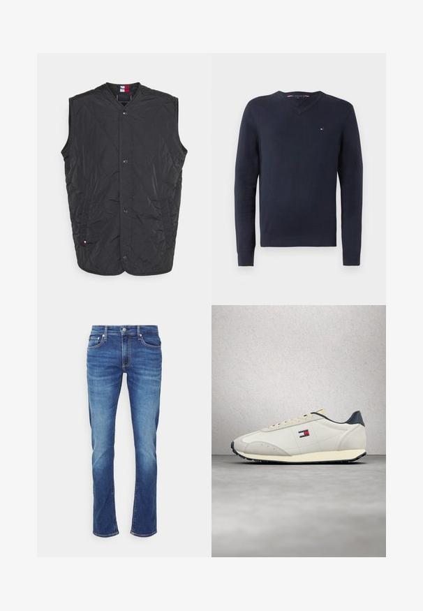 Tommy Hilfiger Vesta - black; Námornícky modrý sveter s výstrihom do V vyrobený z mäkkého materiálu s dlhými rukávmi. Obsahuje malé logo na hrudi a rebrované manžety a lem.; Modré riflové nohavice s vyblednutými efektmi, zapínanie vpredu na gombík a zips a päťvreckový štýl na jednofarebnom bielom pozadí.; Biele a béžové tenisky s námorníckym modrým lemovaním, krémovými šnúrkami a malým logom Tommy Hilfiger na boku, ktoré plávajú nad leštenou betónovou podlahou.