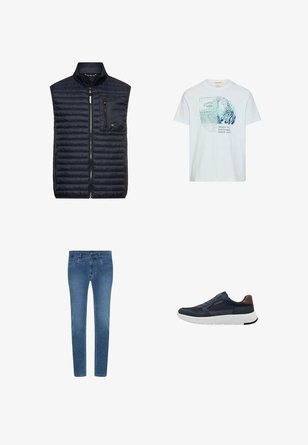 Marineblaue, gesteppte, ärmellose Weste mit Stehkragen, Frontreißverschluss, zwei unteren Seitentaschen und einer Reißverschlusstasche auf der Brust.; Weißes T-Shirt mit kurzen Ärmeln und einem runden Motiv aus Kartenlinien, Pflanzenblättern, Koordinaten und dem Text "READY TO DISCOVER SINCE 1977" auf der Vorderseite.; Blaue Denim-Jeans mit schmaler Passform, die vordere Taschen, einen Knopfverschluss und dezente Verblassung entlang der Beine aufweisen.; Blaue Leder-Sneaker mit einer weißen Gummisohle, runder Form, strukturiertem Obermaterial und braunen Akzenten an der Ferse. Verfügt über ein Schnürdesign.