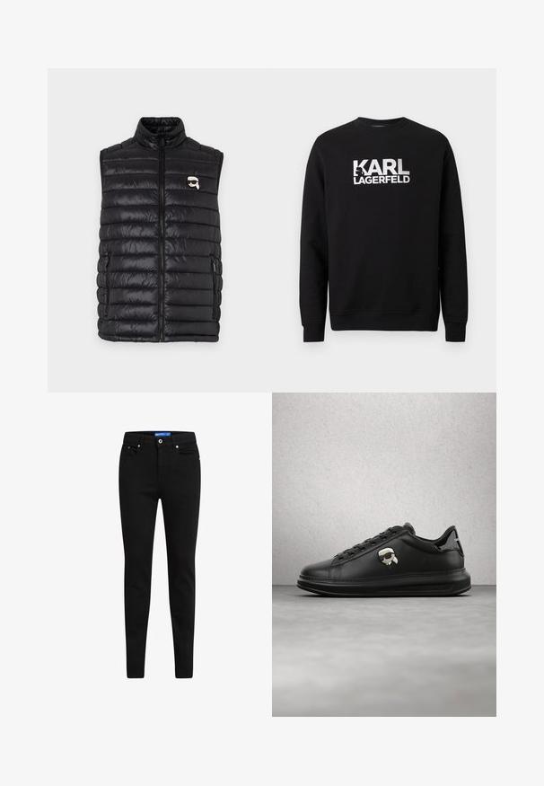 Schwarze gepolsterte Weste mit hohem Kragen, durchgehendem Reißverschluss, zwei Seitenfächern und einem kleinen Logo auf der Brust. Glattes, leichtes Material.; Schwarzer Pullover aus Baumwolle mit langen Ärmeln. Verfügt über ein großes weißes aufgedrucktes Logo "KARL LAGERFELD" auf der Vorderseite. Klassisches Rundhalsausschnitt-Design.; Schwarze Slim-Fit-Jeans aus Denim, mit einem Fünf-Taschen-Design, Knopfverschluss und kontrastierendem blauen Etikett am Bündchen.; Person trägt schwarze Lederhosen und schwarze Sneakers mit einem kleinen Comic-Charakter-Anhänger an der Seite, steht auf einem Holzboden.