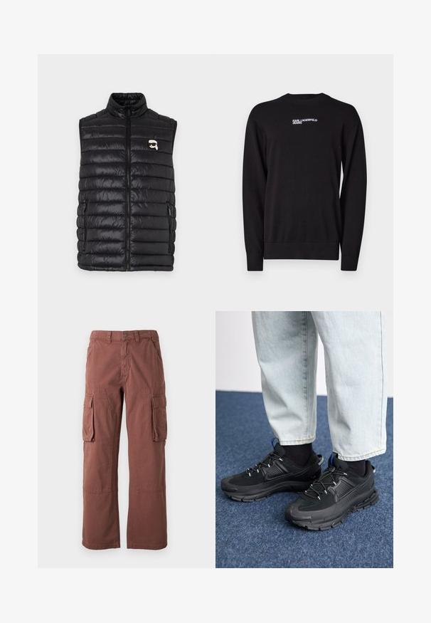 Sort polstret vest med høj krave, frontlynlås, to sidelommer og et lille logo på brystet. Glat, let materiale.; Sort striktrøje med rund halsudskæring, ribkantede manchetter og kant, med hvid "KARL LAGERFELD JEANS" logo på den øverste front.; Cargo bukser i en rustfarve, lavet af slidstærkt stof. Har store sidelommer, lige ben og knaplukning i taljen.; Sorte træningssko med tekstureret stof og gummisåler, udstyret med elastiske snørebånd og en blå detalje på hælen. Bæres med lyse denimbukser.