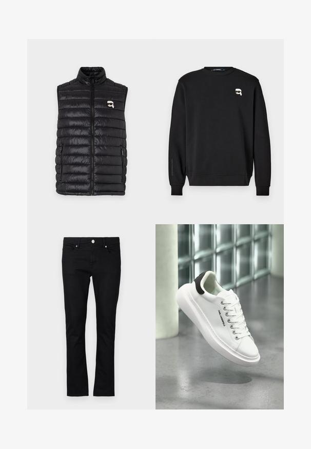 Gilet rembourré noir avec col montant, fermeture zip sur le devant, deux poches latérales et un petit logo sur la poitrine. Matière lisse et légère.; Sweatshirt noir à col rond, avec des poignets et un ourlet côtelés. Présente un petit graphique sur la poitrine et le nom de la marque imprimé sur la manche.; Jeans en denim noir à coupe slim, design à jambe droite, style cinq poches, et fermeture à bouton en métal, avec des détails de couture minimalistes.; Baskets basses blanches à semelle épaisse, avec languette de talon noire, devant à lacets, et logo "KARL LAGERFELD" sur le côté, flottant au-dessus d'un sol gris.