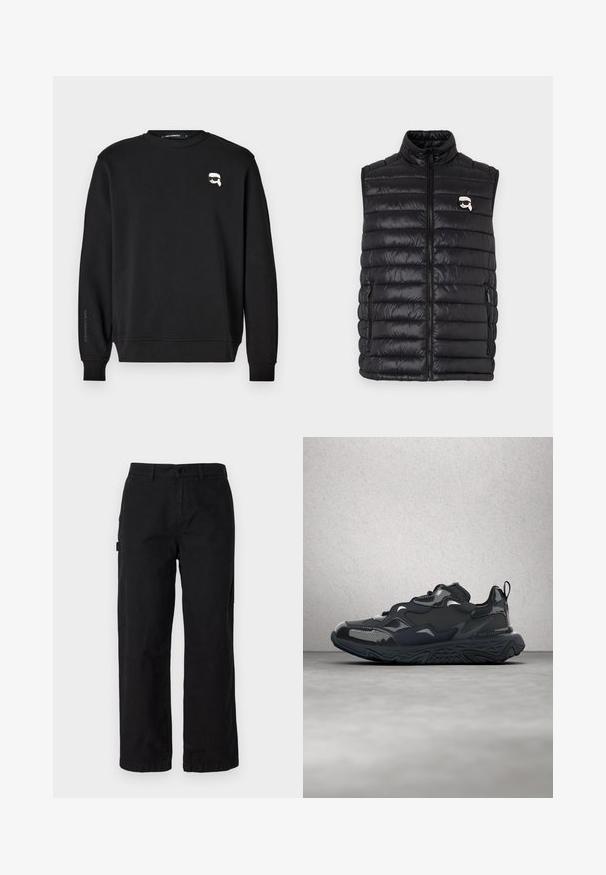 Sort polstret vest med høj krave, frontlynlås, to sidelommer og et lille logo på brystet. Glat, let materiale.; Sort sweatshirt med rund halsudskæring, ribbede manchetter og smæk. Har et lille grafisk motiv på brystet og mærkets navn trykt påærmet.; Sorte bomulds cargo bukser med en lige ben-design, der har sidelommer og en frontknaplukning. Holdbart stof med en glat tekstur.; Sort løbesko med tekstureret overdel, glatte detaljer og en chunky sål med bølgemønster, designet for komfort og holdbarhed.