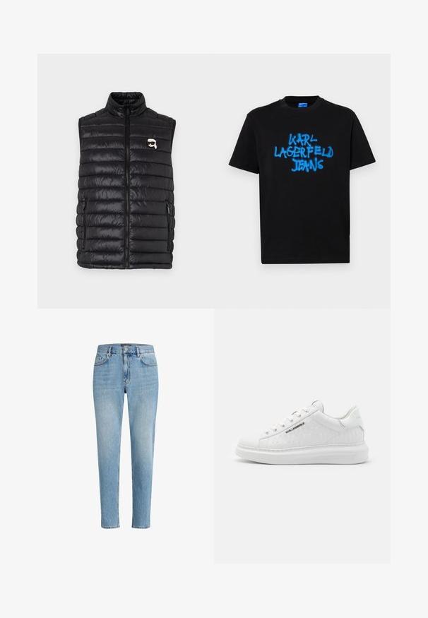 Zwarte gewatteerde vest met hoge halslijn, voorkant met ritssluiting, twee zijzakken en een klein logo op de borst. Gladde, lichtgewicht stof.; Zwarte katoenen T-shirt met korte mouwen, voorzien van blauwe spuitverfde tekst "KARL LAGERFELD JEANS" op de voorkant in een gedurfde graffiti-stijl.; Lichtblauwe denim jeans met een relaxed fit, vijf zakken ontwerp en subtiele wassing. Bevat een merklabel nabij de taille.; Witte sneaker van glad leer met een reliëfpatroon. Heeft een ronde neus, vetersluiting aan de voorkant, en een textuurzool. Zilveren logo detail aan de zijkant.