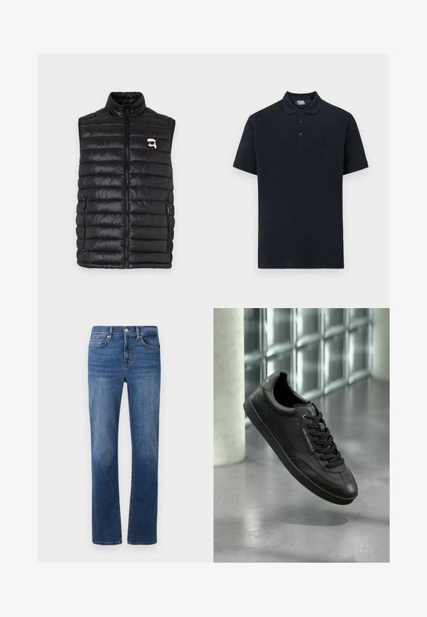 Sort polstret vest med høj krave, frontlynlås, to sidelommer og et lille logo på brystet. Glat, let materiale.; Marine polo shirt lavet af bomuld, med en klassisk krave, tre knapper og et broderet logo på venstre bryst. Korte ærmer, glat tekstur.; Mørkeblå denimjeans med lige ben, fem-lomme stil og kontraststing. Har en knap- og lynlåslukning.; Sort læder-sneaker med en struktureret overflade, flade snørebånd, rundet tå og gummisål. Har et logo-detalje på siden.