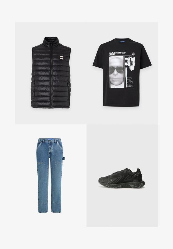 Chaleco acolchado negro con cuello alto, cierre frontal con cremallera, dos bolsillos laterales y un pequeño logo en el pecho. Material suave y ligero.; Camiseta negra con gráfico blanco de un rostro en semitono con gafas de sol, una cámara, un bolígrafo, texto manuscrito y el logo "KARL LAGERFELD JEANS".; Jeans de mezclilla azul con un diseño de pierna recta, que cuentan con parches en contraste, dos bolsillos frontales y un detalle de lazo visible en el lado.; Zapatillas negras con una textura ondulada y detalles en gris. Presentan un diseño de cordones y una suela gruesa y esculpida. La marca es visible en el lateral.