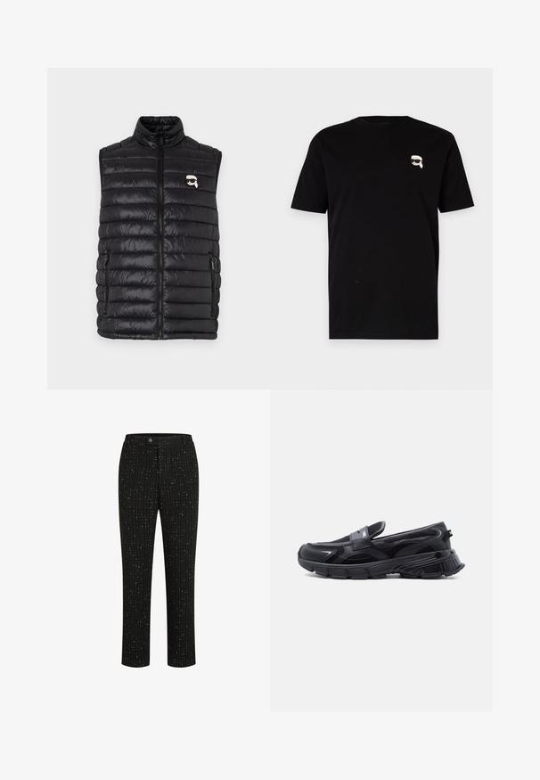 Schwarze gepolsterte Weste mit hohem Kragen, durchgehendem Reißverschluss, zwei Seitenfächern und einem kleinen Logo auf der Brust. Glattes, leichtes Material.; Schwarzes Baumwoll-T-Shirt mit kurzen Ärmeln, das auf der linken Brust ein kleines weißes Grafik eines Charakters mit Brille zeigt. Klassisches Rundhals-Design.; Schwarze maßgeschneiderte Hose mit einem strukturierten Muster aus dünnen weißen vertikalen Linien, geradem Schnitt und einem Knopfverschluss an der Taille.; Schwarzer Slip-On-Sneaker mit dicker, strukturierter Sohle und Mesh-Einsätzen, entworfen für Freizeit- und Sportkleidung.