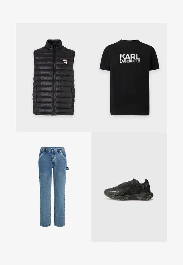Chaleco acolchado negro con cuello alto, cierre frontal con cremallera, dos bolsillos laterales y un pequeño logo en el pecho. Material suave y ligero.; Camiseta negra de manga corta con texto en blanco y negrita "KARL LAGERFELD" y un pequeño gráfico en forma de silueta integrado en la letra K en el pecho.; Jeans de mezclilla azul con un diseño de pierna recta, que cuentan con parches en contraste, dos bolsillos frontales y un detalle de lazo visible en el lado.; Zapatillas negras con una textura ondulada y detalles en gris. Presentan un diseño de cordones y una suela gruesa y esculpida. La marca es visible en el lateral.