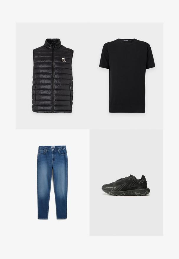 Schwarze gepolsterte Weste mit hohem Kragen, durchgehendem Reißverschluss, zwei Seitenfächern und einem kleinen Logo auf der Brust. Glattes, leichtes Material.; Schwarzes T-Shirt mit kurzen Ärmeln, Rundhalsausschnitt, geradem Saum und dezentem Logo auf der Brust vor einem einfarbigen Hintergrund.; Denim-Jeans in einem mittleren Blauton, mit einem geraden Bein-design, fünf Taschen, einem Knopfverschluss und dezenten Verblassungen.; Schwarze Sneaker mit einer wellenförmigen Textur und grauen Akzenten. Sie besitzen ein Schnürdesign und eine klobige, skulptierte Sohle. Die Markenkennzeichnung ist an der Seite sichtbar.