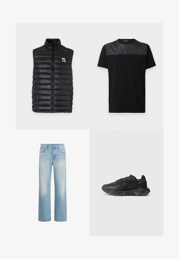 Chaleco acolchado negro con cuello alto, cierre frontal con cremallera, dos bolsillos laterales y un pequeño logo en el pecho. Material suave y ligero.; Camiseta negra de manga corta con un panel gris texturizado en la parte superior frontal, logo detallado y cuello redondo.; Jeans de mezclilla azul claro con un diseño de pierna recta, detalles de desgaste, estilo de cinco bolsillos, cierre de botón y presillas para cinturón en la cintura.; Zapatillas negras con una textura ondulada y detalles en gris. Presentan un diseño de cordones y una suela gruesa y esculpida. La marca es visible en el lateral.