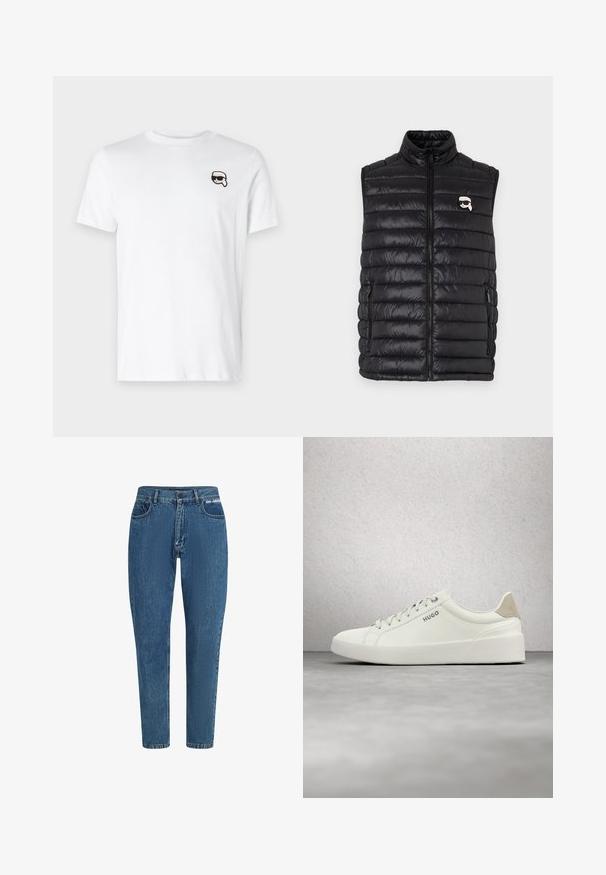 Sort polstret vest med høj krave, frontlynlås, to sidelommer og et lille logo på brystet. Glat, let materiale.; Hvid bomulds-t-shirt med et lille sort og hvidt grafik på venstre brystområde. Klassisk rund hals og korte ærmer.; Blå denimjeans med høj talje og lige ben. Funktioner inkluderer klassisk fem-lomme design, bæltestropper og mærke-logo på taljen.; Hvid lav sneaker med snørebånd og beige hælflap med mærket "HUGO," svævende over en poleret betonflade nær en glasblokvæg.